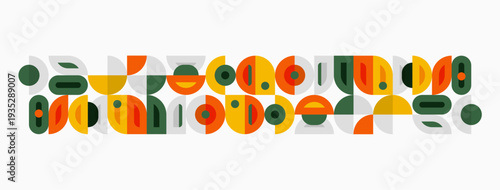 Abstract geometric pattern. Circles, rectangles, curves combine creating midcentury modern aesthetic. Neutral background enhances shapes.