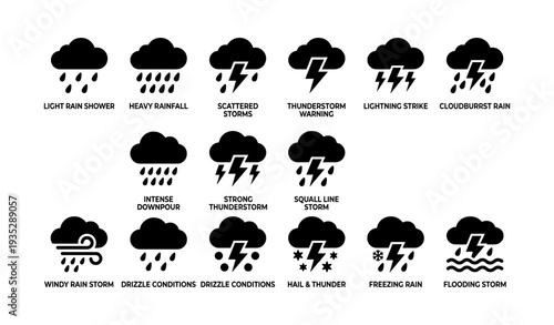 Weather icons: rain, storms, thunder, lightning, cloudburst symbols