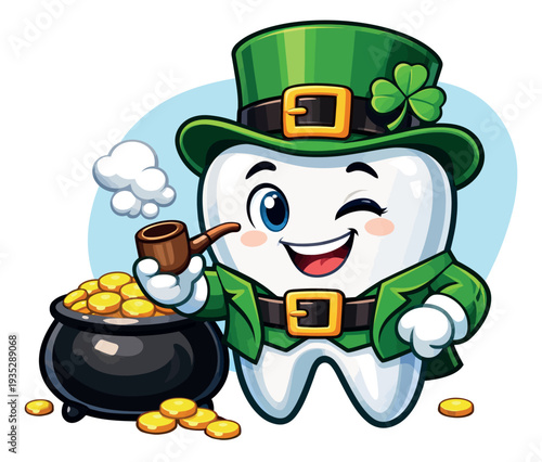 Cute cartoon illustration of a dental tooth mascot depicting a winking leprechaun with a pot of gold for St. Patrick's Day