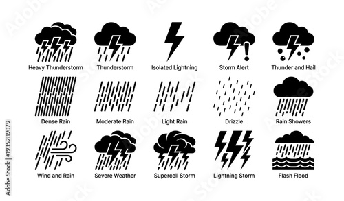 Weather symbols: thunderstorm, lightning, rain, severe weather, flash flood