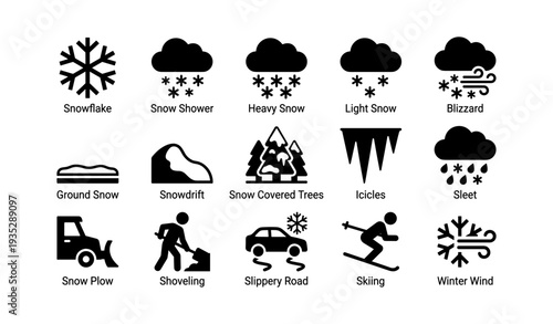 Weather icon set: snowflake, blizzard, sleet, skiing, shoveling, icicles