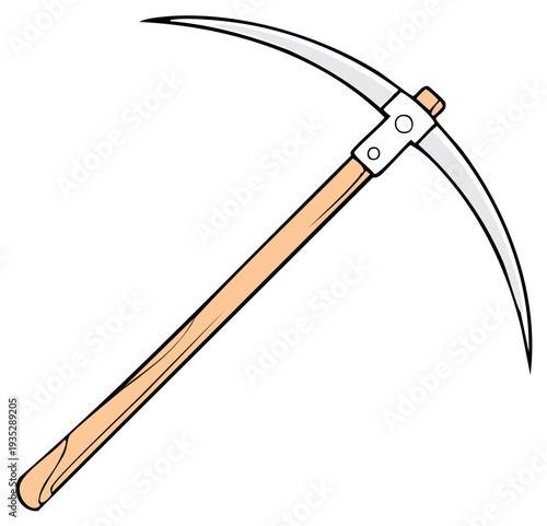 Cartoon pickaxe with a long wooden handle and two sharp metallic blades