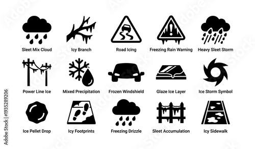 Weather alert icons: sleet, ice, and storm warnings for safety and precaution