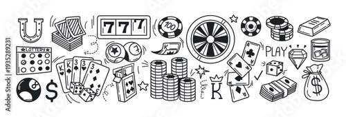 Hand drawing doodle casino and gambling games set. Vector black icons of playing cards, poker chips, roulette wheel, slot machine, gold bar and billiard balls. Lucky jackpot simple line sketch symbols