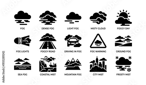 Fog icons: dense, light, misty clouds, road, mountain, city, coastal, sea, frosty