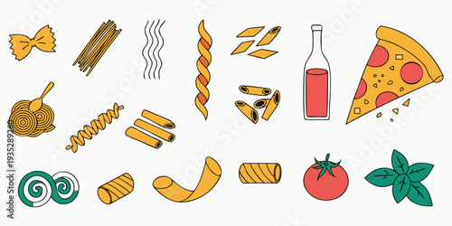 Assortment of Italian Pasta Shapes, Pizza Slice, Tomato, Basil, and Bottle of Sauce in a Flat Design