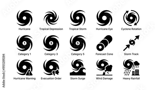 Hurricane and cyclone warning icons: storm categories, forecasts, and safety symbols