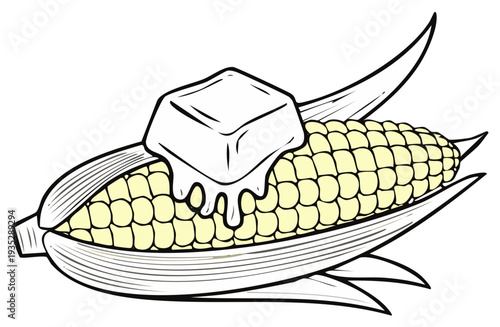 Corn on the Cob with Melting Butter, Vector Illustration for Recipe or Summer BBQ Graphics