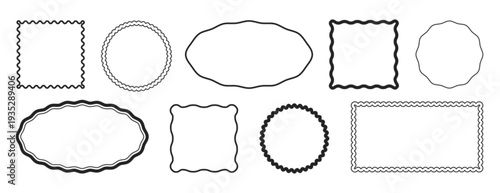 Hand drawn scallop wiggly edge frame different geometric shape. Black silhouette scalloped borders, serrated badges with wavy lace edges. Rectangle, oval, square, circle framework. Jagged box elements