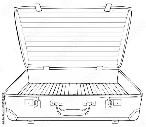 Open Vintage Suitcase Empty and Ready for a Trip Black and White Line Art Illustration