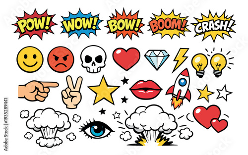 Comic book pop art elements set featuring speech bubbles, emojis, hands, and hearts for design projects