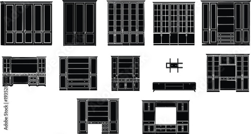 Black and white vector icon set featuring classic wardrobe designs closets cabinets and home storage furniture units for interior layout planning
