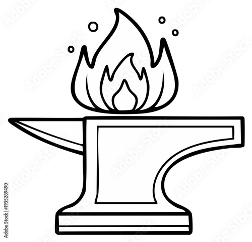 Anvil and Flame Illustration: Black and white, linear style representation of anvil topped with flickering flames and bubbles.