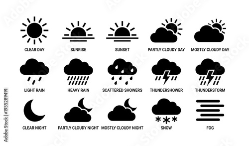 Weather icons: sun, clouds, rain, thunder, snow, fog, day, night