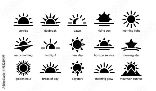 Sunrise icon set featuring dawn and morning light symbols