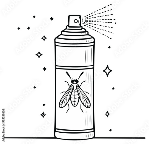 Insecticide spray can with flying insect graphic, spraying mist and sparkling effects