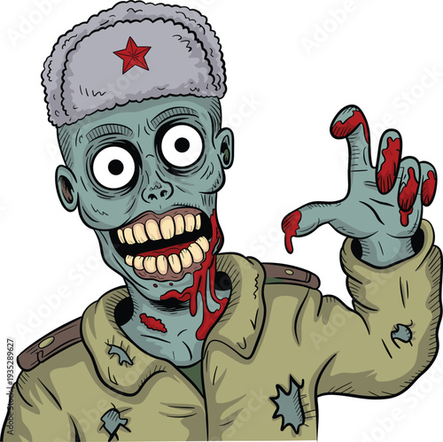 Cartoon zombie in Soviet military uniform with fur hat, red star emblem, tattered coat, dripping blood, eerie grotesque horror character illustration for Halloween fantasy themes
