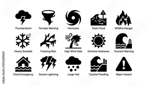 Weather hazard icons: thunderstorm, hurricane, tornado, flood, wildfire, tsunami, snowfall