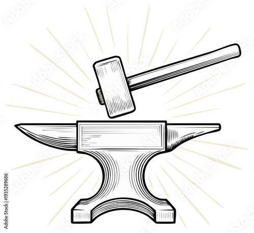 Vintage style anvil and hammer illustration depicting strength hard work and creation