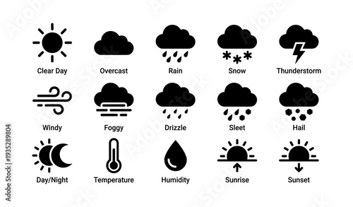 Weather icons set with sun, clouds, rain, snow, and thunderstorm symbols