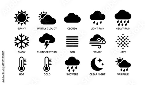Weather icons set: sun, clouds, rain, snow, wind, temperature, day and night symbols