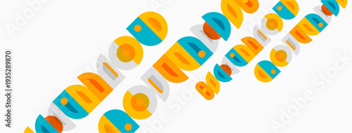 Colorful circles, squares, rectangles overlap white background. Geometric shapes create abstract pattern. Bright hues dominate composition.