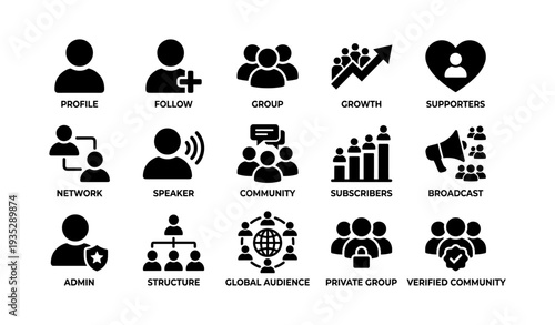 Social media icon set: profile, group, growth, community, network