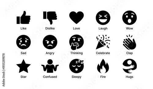 Collection of 15 black emoji icons: expression, emotion, and gesture symbols