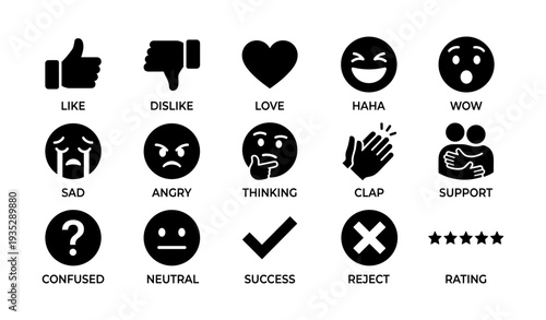 Set of black icon universal reaction emoji symbols for social media