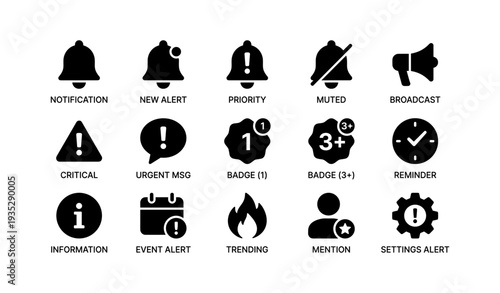 Collection of alert and notification icons with symbols and badges