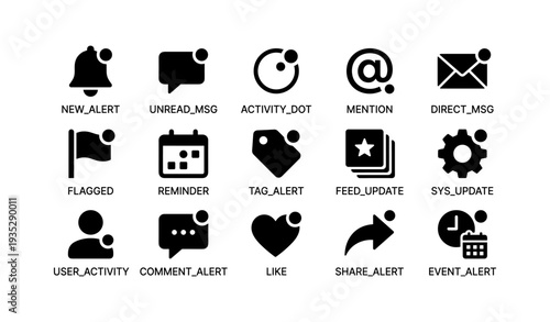 Set of social media notification icons including alerts and messages