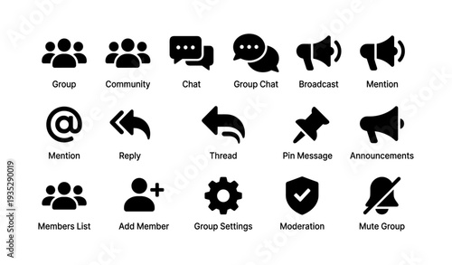 Social media icons: chat, group, broadcast, mentions, settings