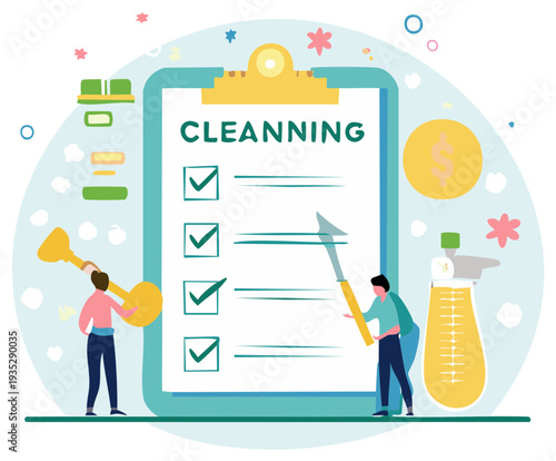 Professional cleaning service concept with tiny workers checking off tasks on a giant clipboard
