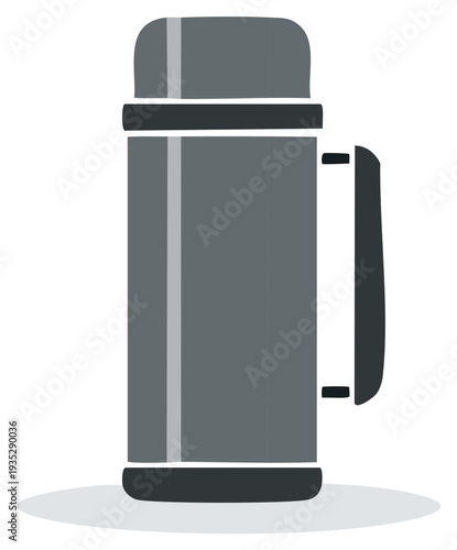 Modern Gray Insulated Thermos Bottle with Handle and Lid for Hot or Cold Drinks Vector Icon