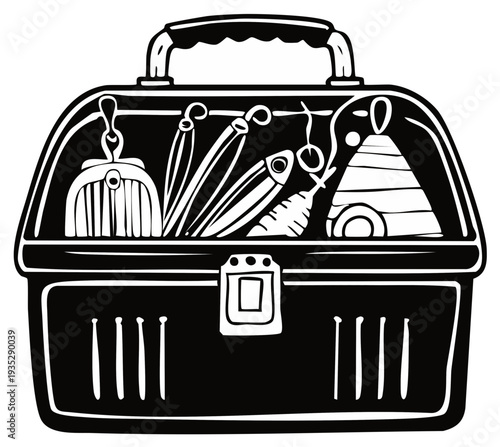 Fishing tackle box illustration with gear