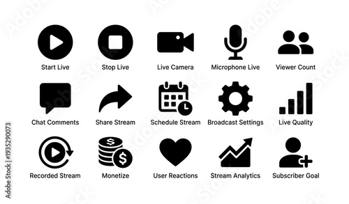 Streaming icons set: live, camera, microphone, analytics, monetization