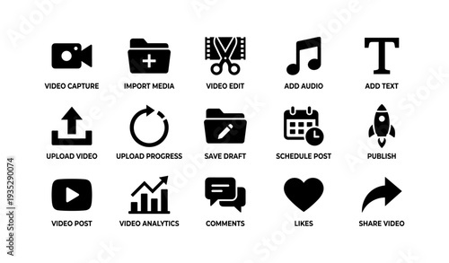 Video creation and management icons for editing and social media workflow
