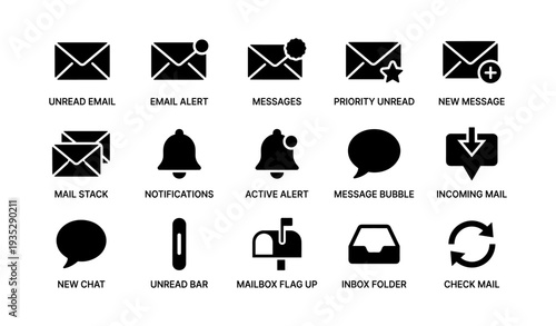 Email and messaging icons set: unread, notifications, new messages, inbox, check mail