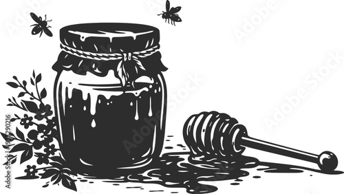 Honey Jar with Dipper and Bees Rustic Vector Illustration.
