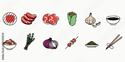 Assortment of Raw Meat Slices, Vegetables, Garlic, and Seasonings for Cooking in a Flat Design