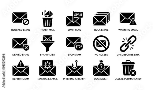 Email management icons: spam, blocked, phishing, malware, and alert symbols in black and white