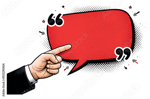 Pop art illustration of a hand pointing to a quote speech bubble depicting a message or testimonial for communication