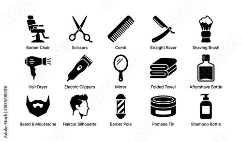 Essential barber shop tools and accessories icons set