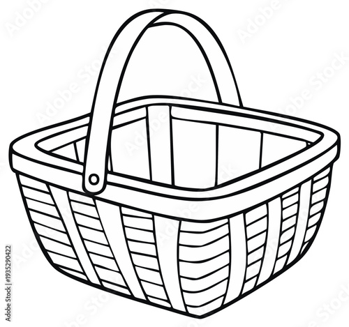 Vector drawing of simple woven basket with handle. Farm market or picnic basket.
