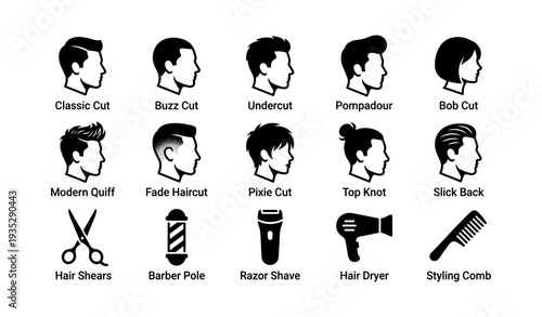 Various hairstyles and hairdressing tools icons vector set