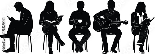 Black silhouettes of people sitting on stools engaged in various hobbies including reading books, playing guitar, drinking coffee, and using tablets.