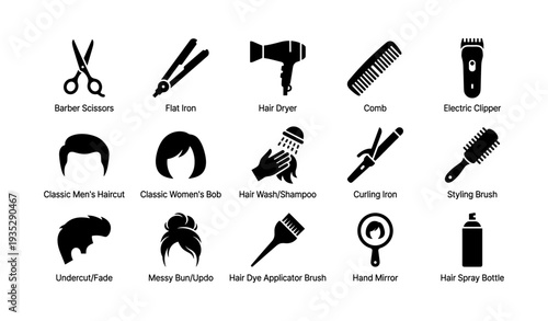 Hair styling tools and haircuts: scissors, flat iron, hair dryer, and icon set