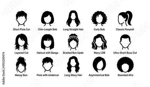 Diverse haircut styles for women and men: pixie, bob, afro, ponytail