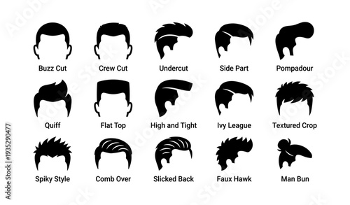 Men's hairstyles silhouettes: buzz, crew, undercut, quiff, pompadour, faux hawk