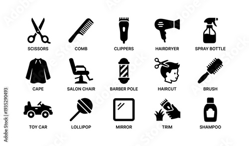 Barbershop icons set: haircut tools and accessories for styling and grooming